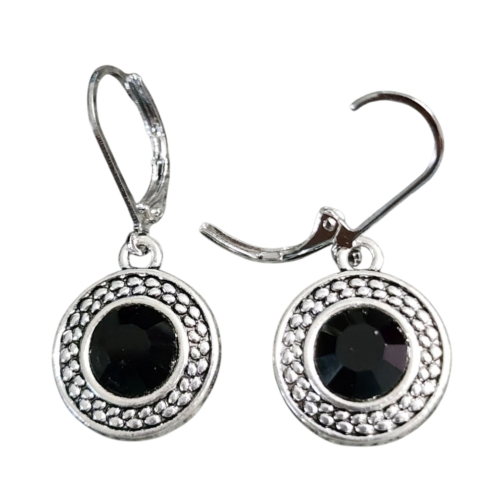 Silvertone Dangle Earrings Black Gemstone